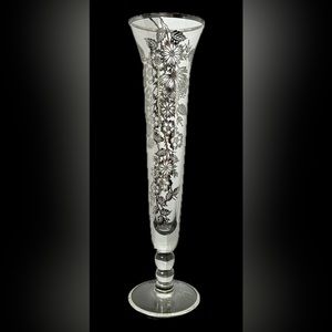 Vintage Retro Mid Century Clear Glass Vase Silver Overlay Bud/ Poppies Vase
